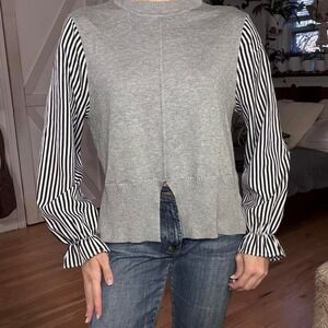 Select + Trend Grey Knit Mixed Media Top Black White Striped Ruffle Sleeve Large